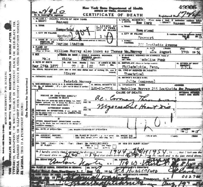 Billy Murray's death certificate